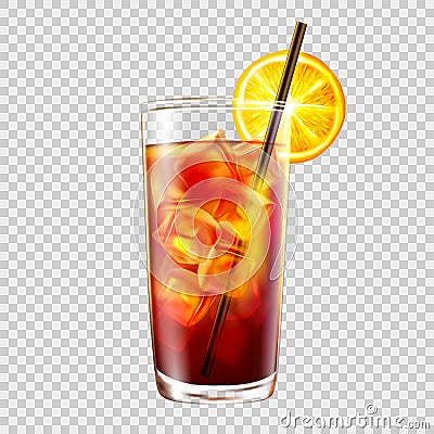 Cocktail in a glass with a straw on background of transparency, long island iced tea Vector Illustration