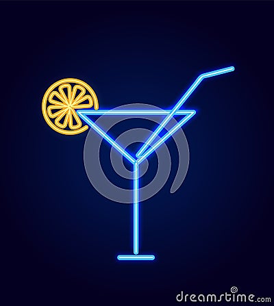 Cocktail Glass with Straw Neon Vector Illustration Vector Illustration