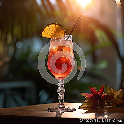 cocktail in glass.Summer alcoholic cocktail.Refreshing cocktail on beach.Background Stock Photo