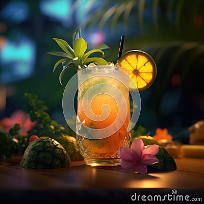 cocktail in glass.Summer alcoholic cocktail.Refreshing cocktail on beach.Background Stock Photo