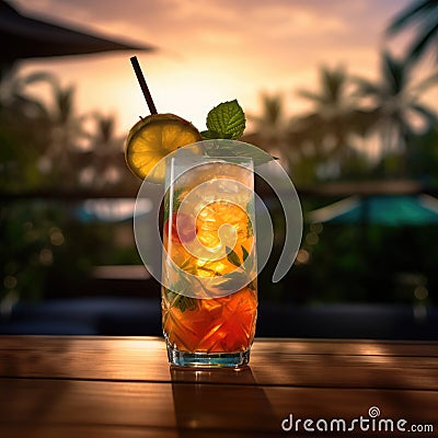 cocktail in glass.Summer alcoholic cocktail.Refreshing cocktail on beach.Background Stock Photo