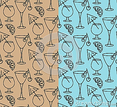 Cocktail glasses seamless pattern. Outline gray contour of martini, wine glass, cherry fruit, lemon slice. Blue, craft Vector Illustration