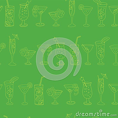 Cocktail glasses seamless vector pattern. Lime drinking glasses in a row on a green background with Cheers lettering, pineapples, Vector Illustration