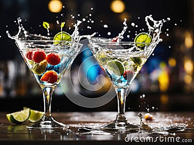 Cocktail glasses and splashing cocktail on bar background. Generative ai Stock Photo