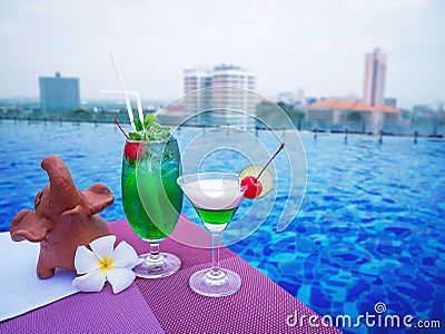 Cocktail glasses at swimmimg pool with city view Stock Photo