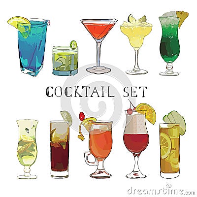 Cocktail hand drawn, decorative icons set with margarita mojito Vector Illustration