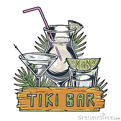 Cocktail hawaii tiki bar and surfing. Ethnic surf Vector Illustration