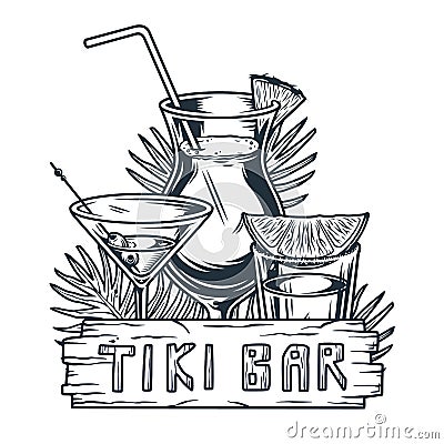 Cocktail hawaii tiki bar and surfing. Ethnic surf Vector Illustration
