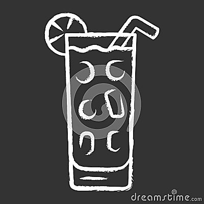 Cocktail in highball glass chalk icon. Summer icy refreshing soft drink with slice of lemon and straw. Tumbler with tall Vector Illustration
