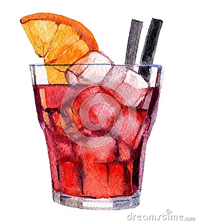 Cocktail with ice and orange isolated on white, watercolor illustration Cartoon Illustration