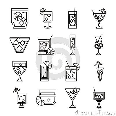 Cocktail icon drink liquor alcohol glass cups delicious beverages icons set Vector Illustration