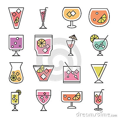 Cocktail icon drink liquor alcohol glass cups delicious beverages icons set Vector Illustration