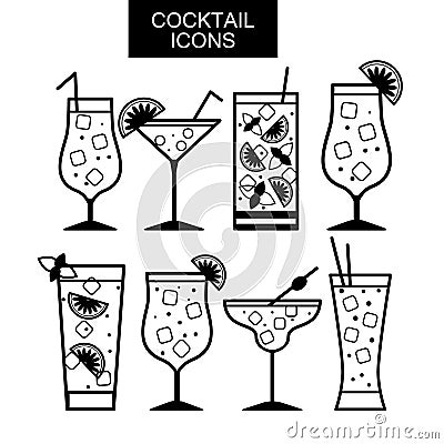 Cocktail icons. Different kinds of glasses Vector Illustration