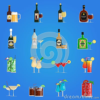 Cocktail Icons Flat Set Vector Illustration