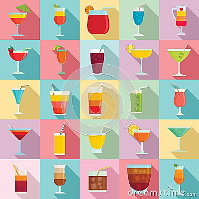 Cocktail icons set, flat style Vector Illustration