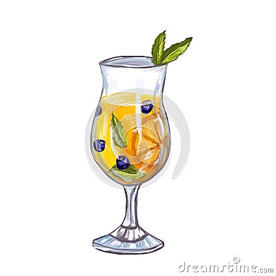 Cocktail on an isolated white background. Orange juice with blueberries and mint in a glass. Fresh drink. Summer time raster Cartoon Illustration