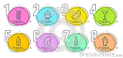 Beer bottle, Water glass and Peanut icons set. Cocktail, Latte and Cappuccino cream signs. Vector Vector Illustration