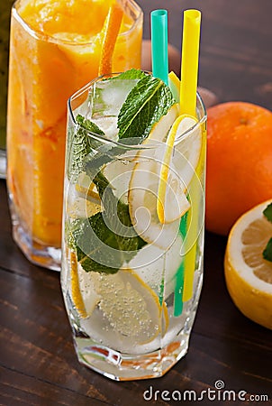 Cocktail with lemon and mint. Stock Photo