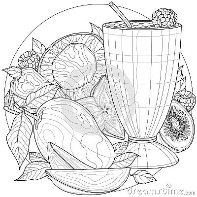 Cocktail with mango, coconut,carom fruit, kiwi and raspberry. Delicious dessert.Coloring book antistress for children and adults Stock Photo