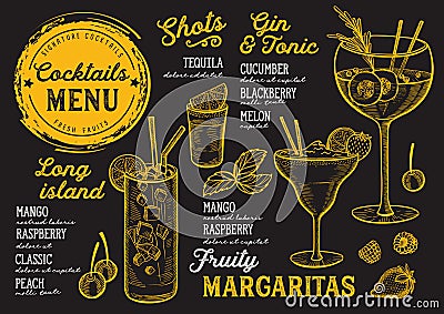 Cocktail menu for bar, drink template. Vector Illustration