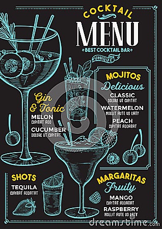 Cocktail menu for bar, drink template. Vector Illustration