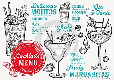 Cocktail menu for bar, drink template. Vector Illustration