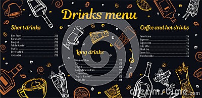 Cocktails, coffee and hot drinks menu design template with list of drinks and images of bottles, glasses and mugs. Vector outline Vector Illustration