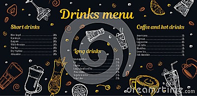 Cocktails, coffee and hot drinks menu design template with list of drinks and images Vector Illustration