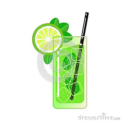 Cocktail mojito in a glass. Ice cubes, straw, lemon and mint. Vector Illustration