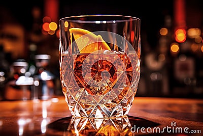 Cocktail Negroni with ice and orange peel in tall vintage retro crystal cut glass at the bar Stock Photo