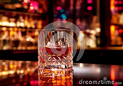 Cocktail Negroni with ice and orange peel in tall vintage retro crystal cut glass at the bar. Stock Photo