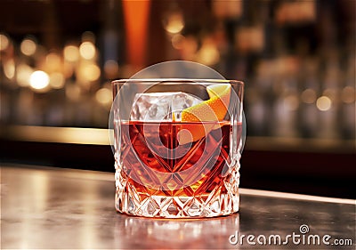 Cocktail Negroni with ice and orange peel in tall vintage retro crystal cut glass at the bar. Stock Photo