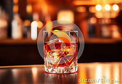 Cocktail Negroni with ice and orange peel in tall vintage retro crystal cut glass at the bar. Stock Photo