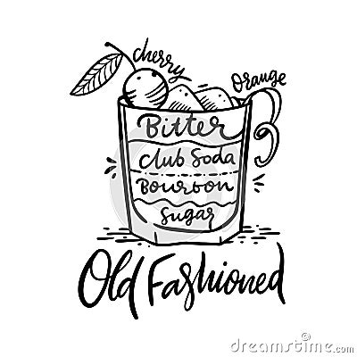 Cocktail Old Fashioned and its ingredients in vintage style. Hand draw vector illustration Cartoon Illustration