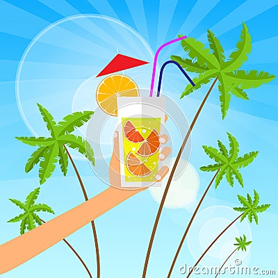 Cocktail over green palm tree blue sky vector Vector Illustration