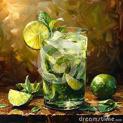 Cocktail Painting With Limes and Mint. Generative AI Stock Photo