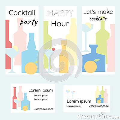 Cocktail party, happy hour. A set of advertising brochures and business cards for a bar or restaurant Vector Illustration