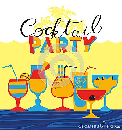 Cocktail party holiday invitation. Background with summer sea an Vector Illustration