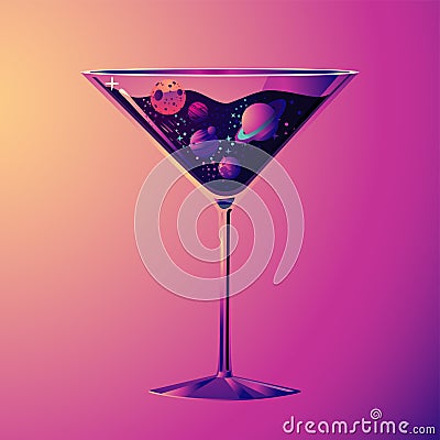 Cocktail party illustration. With drink glass and night sky. Futuristic neon style. Vector Illustration