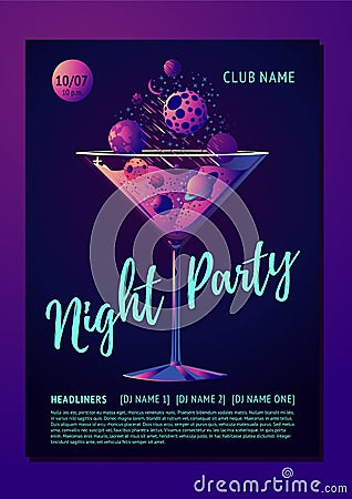 Cocktail party poster for a night club. Futuristic neon style illustration with planet and glass. Invitation template. Vector Illustration