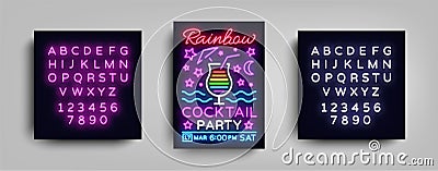 Cocktail party poster vector template. Rainbow Cocktail Party, Poster Neon, Neon Sign, Light Banner, Bright Invitation Vector Illustration