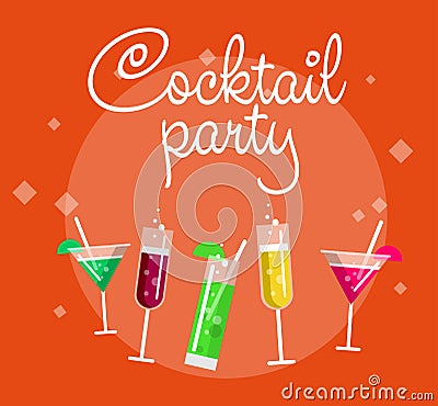 Cocktail party summer poster with alcohol drinks in glasses on blue background vector illustration Vector Illustration