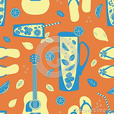 Cocktail pitcher, glass, flip flop, guitar vector seamless pattern background. Backdrop with carafe, drinks glasses Stock Photo