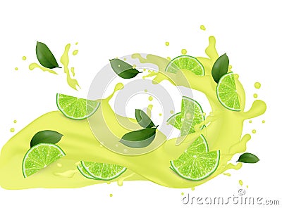 Cocktail realistic milkshake juice. 3d lime, lemon fruit with fa Vector Illustration