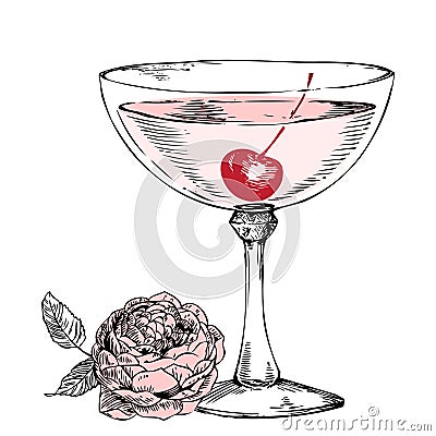 Cocktail in a retro crystal glass with rose flower and cherry. Isolated vintage style engraving. Vector Illustration