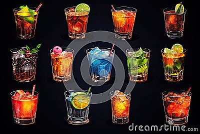 Cocktail set. Alcoholic drinks with ice, rum, cola, tequila, lemon, lime, berry, mint and ice cubes. Alcoholic cocktails set, Stock Photo