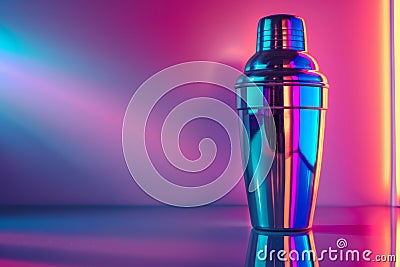 Cocktail Shaker on Neon Background, Singl Bar Drink Mixer, Metal Cocktail Shaker, Copy Space Stock Photo