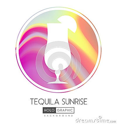 Cocktail silhouette on abstract holographic background. Tequila sunrise cocktail holographic icon Vector Illustration