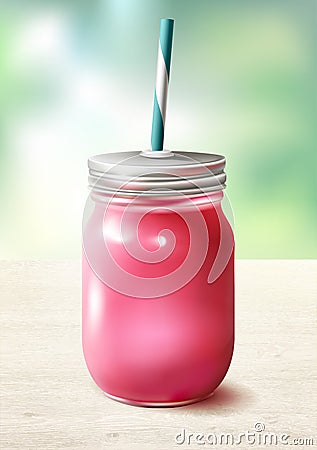 Cocktail. Smoothies outdoors. Berry drink. Bank for cocktails with straws. Raspberry tasty breakfast. Vitamins. Vector of banks wi Vector Illustration