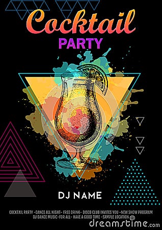 Cocktail tequila sunrise on artistic polygon watercolor background. Cocktail disco party poster Vector Illustration